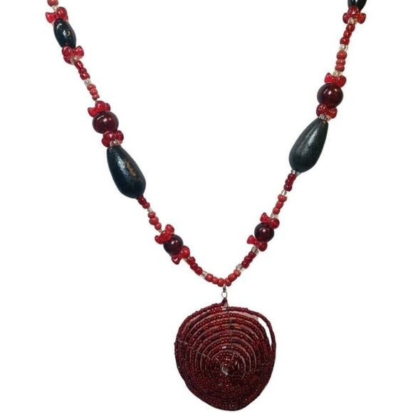 Vintage Hippie Bohemian Red Beaded Pendant Statement Necklace 24”Wood Artesian - Picture 10 of 16